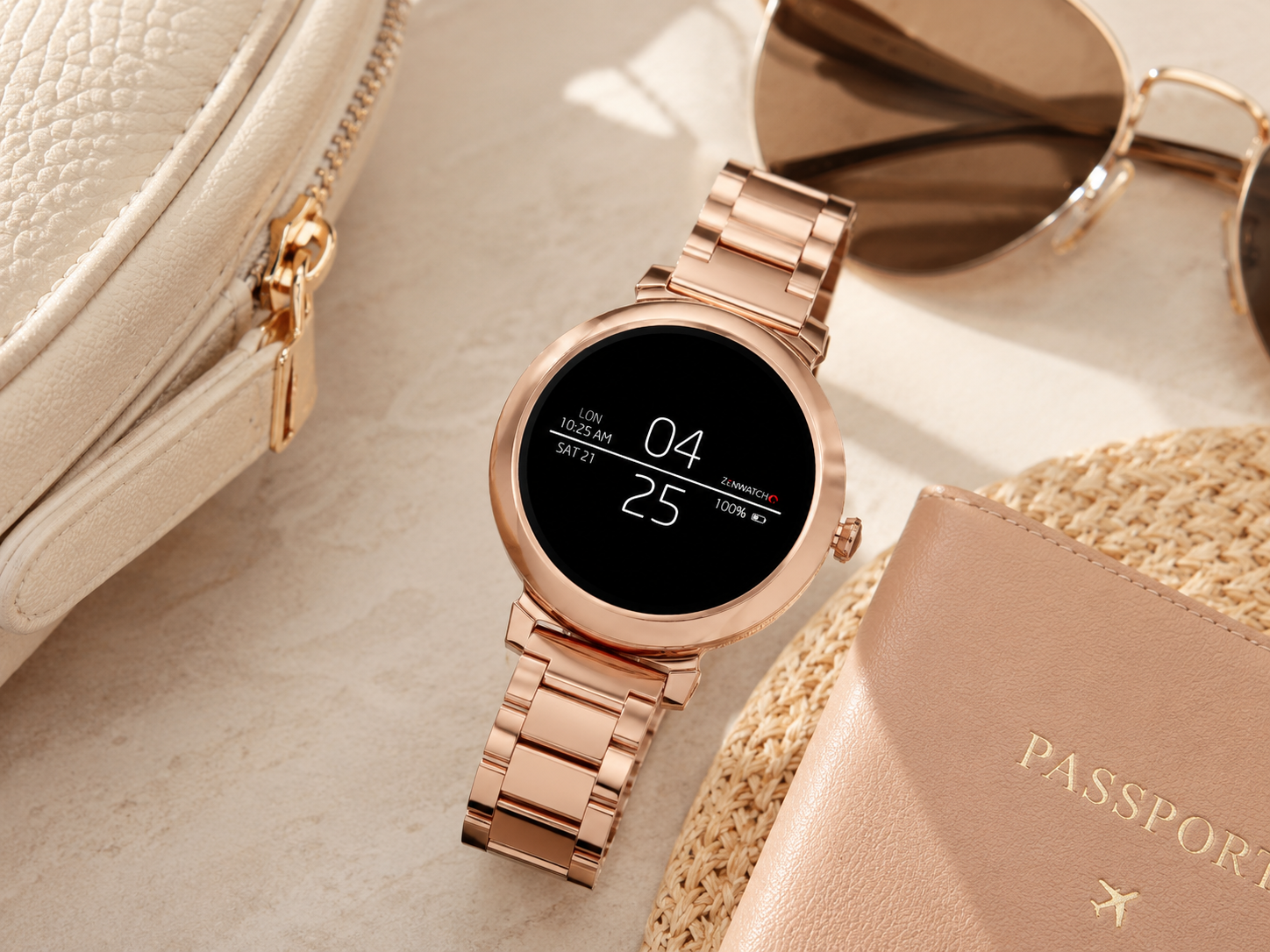 Roségoldene Zenwatch mit Reise-Accessoires