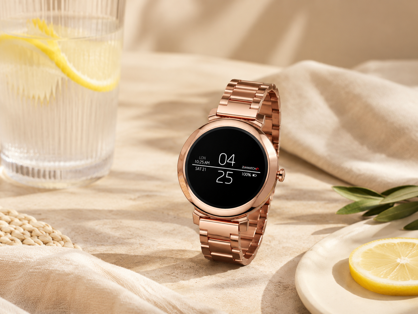 Roségoldene Zenwatch mit Wasser und Zitrone